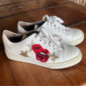Luxury Korean brand Trendy White Sneakers with Gold Stars and Red Lip PRADA